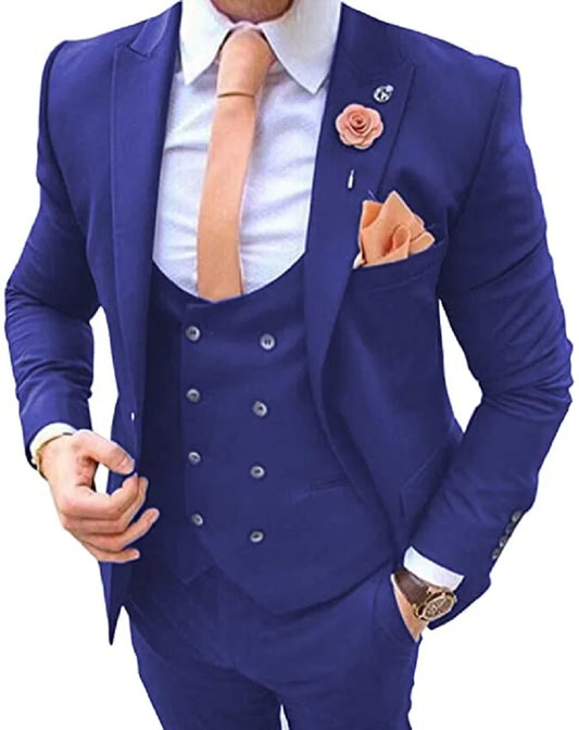 Navy Blue Men's Suits 3 Pcs Costume Homme Wedding Tuxedos Groom Wear Groomsman Prom Party Slim Fit Business Jacket+Vest+ Pants