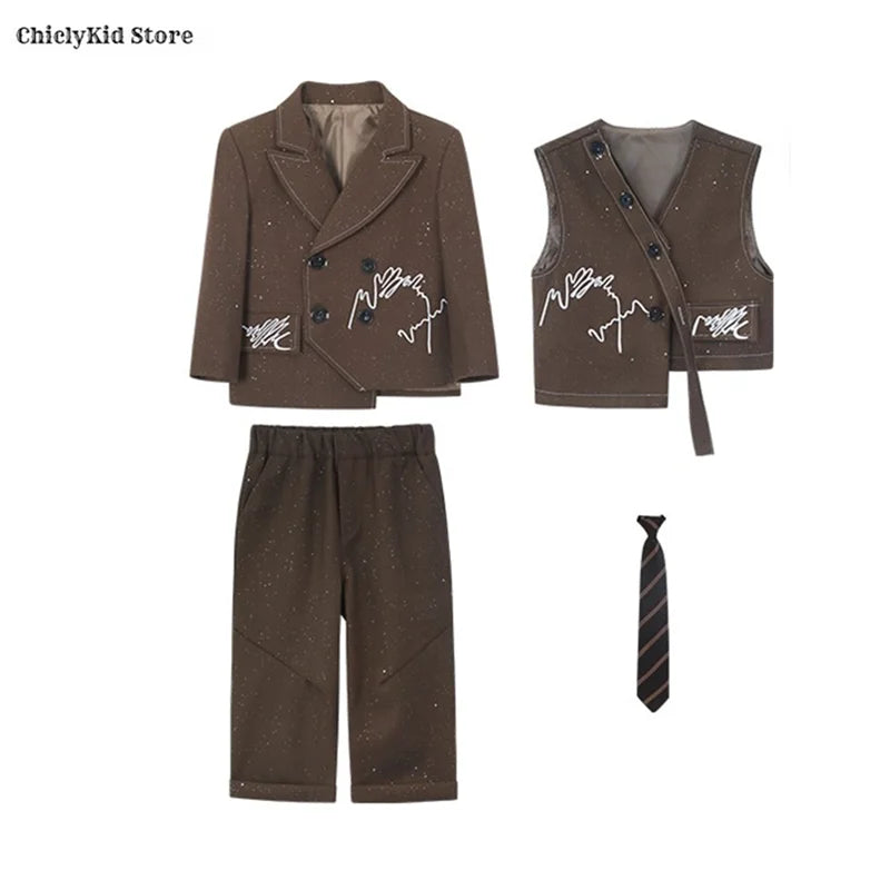 Boys Solid Double Breasted Blazer Jack Vest Pants Children Suit Waistcoat Wedding Clothes Sets Toddler Formal Dress Kids Tuxedos