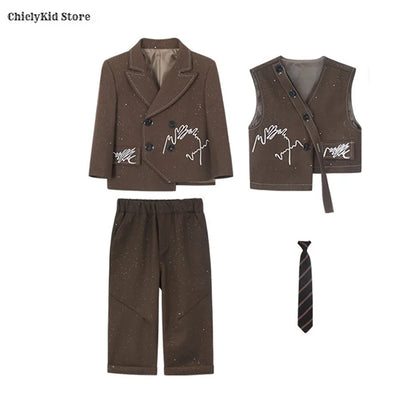Boys Solid Double Breasted Blazer Jack Vest Pants Children Suit Waistcoat Wedding Clothes Sets Toddler Formal Dress Kids Tuxedos
