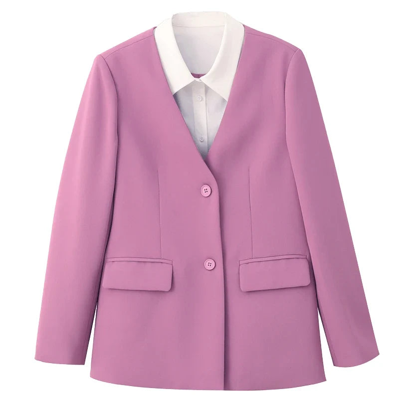Women's Magenta Blazer Coat 2026 Fall Polo Collar Long Sleeves Outwear Fashion Office Lady Casual Elegant Jacket M2815