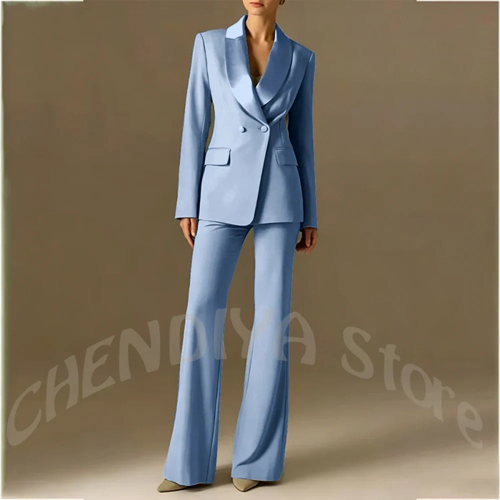Classic Shawl Lapel Suit For Women Elegant Double Breasted Outfit Solid Color Two Piece Straight Modern Style Office Wear