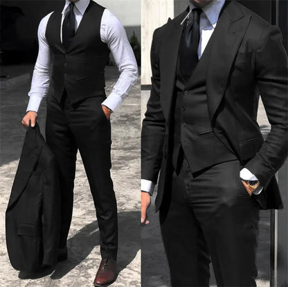 Ensemble de costume trois pièces classique noir pour homme, smoking à revers pointus, pour garçons d'honneur, mariage, veste blazer d'affaires à la mode pour homme + pantalon + gilet