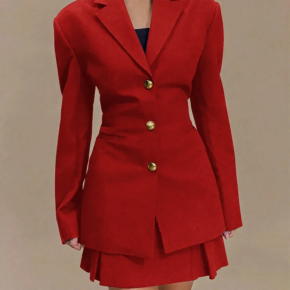 Women's Pleated Skirt Suit Set 2025 2Pieces(Tailored Blazer&High Waist Skirt) Office Chic Single-breasted Notch Lapel Outfit