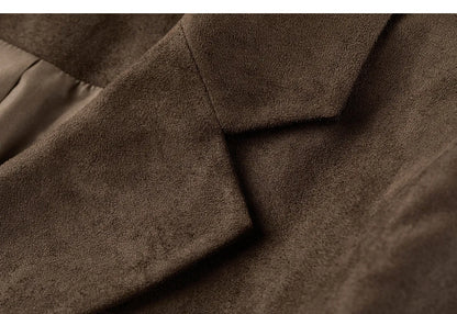 Women's Suede Casual Blazer Notched Lapel Loose Mid Length Outerwear 2026 Autumn New Brown Ladies Coat W63XC8300