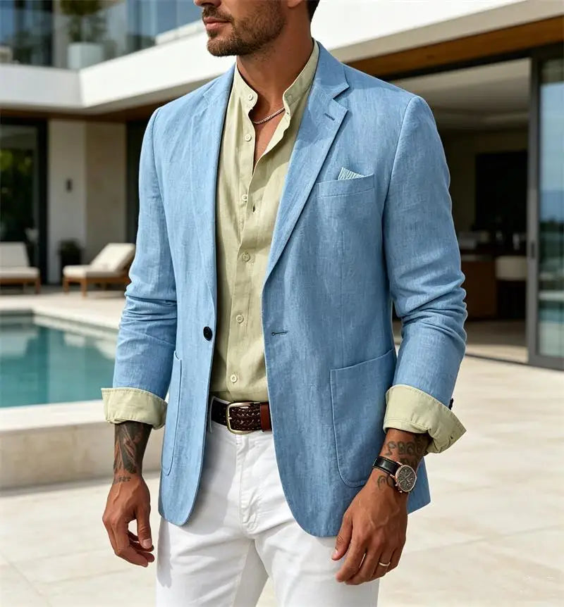 Men's Cotton Linen Blazer Solid Slim Fit Breathable Lightweight Casual Sport Coat One Button Lapel Suit Jacket for Daily Summer
