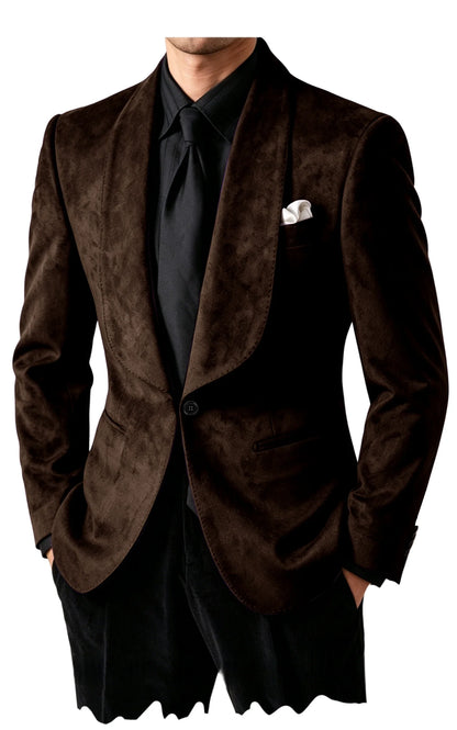 Luxury Men's Faux Suede Blazer Shawl Lapel 1 Button Slim Fit Tuxedo Jacket Business Casual For Wedding Party Prom Suit Coat
