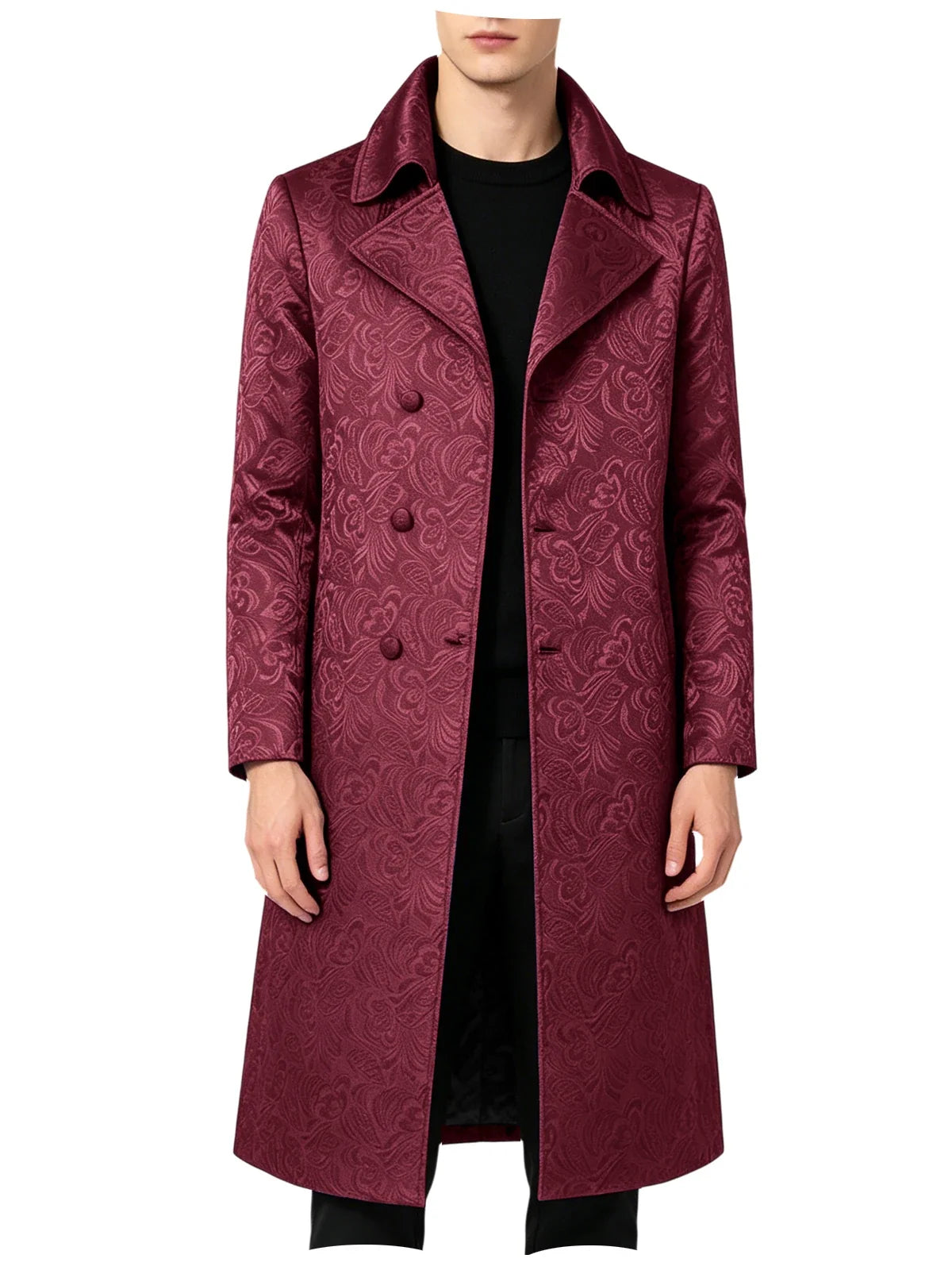 Men Luxury Jacquard Long Trench Coat Lapel Formal Overcoat Outerwear For Wedding Prom Banquet Club Evening Business Stage Party
