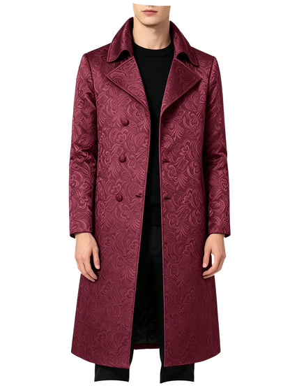 Men Luxury Jacquard Long Trench Coat Lapel Formal Overcoat Outerwear For Wedding Prom Banquet Club Evening Business Stage Party