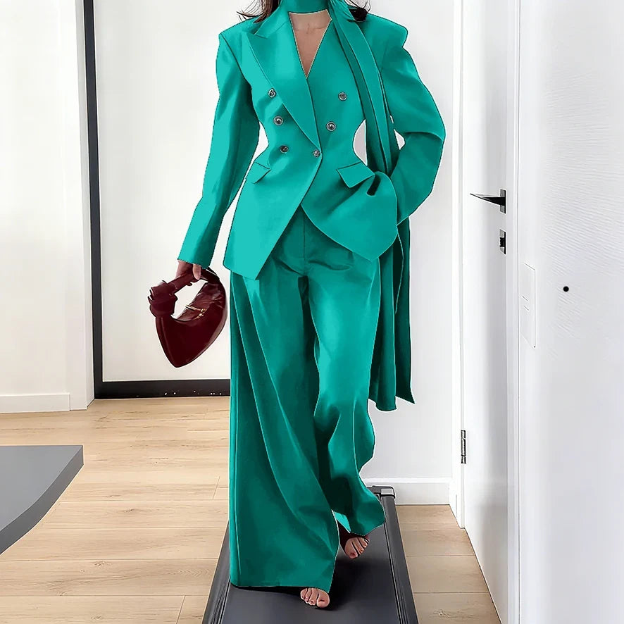 Elegant Women Double Breasted Suit Set Double Breasted Peaked Lapel Blazer+Pants Daily Slim Fit Office Evening Party Outerwears