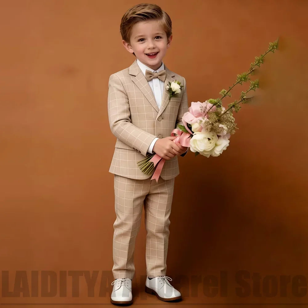 Boys Plaid Two Piece Suit Blazer Pants Kids Wedding Ring Bearer Outfit Birthday Party Formal Ceremony Photograph Holiday Wear