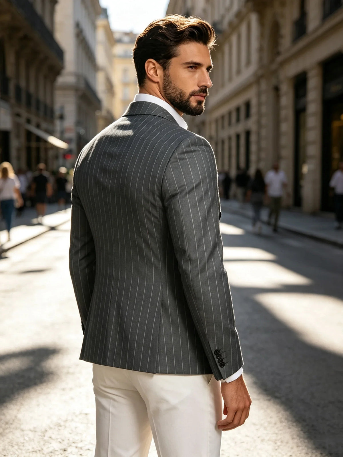 Men Striped Double Breasted Suit Jacket Notch Lapel Business Slim Fit Formal Blazer Elegant Lightweight Dress Coat For Prom Work