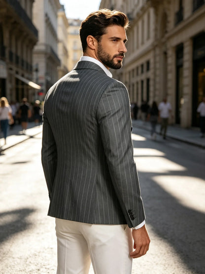 Men Striped Double Breasted Suit Jacket Notch Lapel Business Slim Fit Formal Blazer Elegant Lightweight Dress Coat For Prom Work
