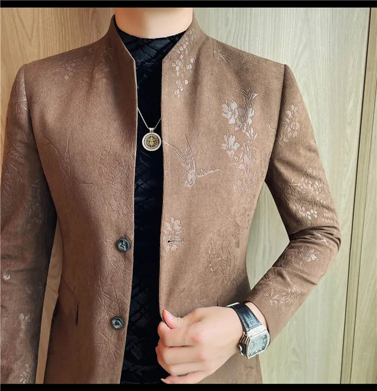 2025 Spring Trendy Jacquard Suit Jacket Men Stand Up Collar Casual Blazers Slim Wedding Business Streetwear Social Dress Coats