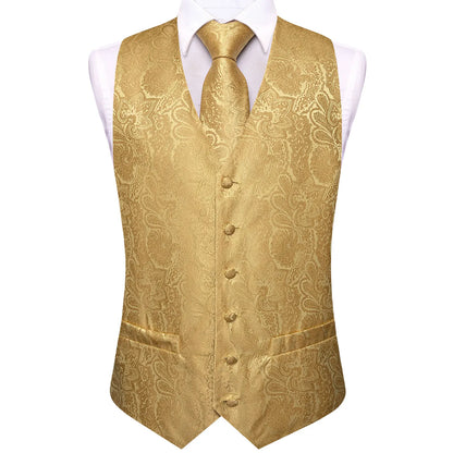Men's Waistcoat 6-Piece Set – Gold Paisley Single Breasted Vest for Banquets & Formal Events