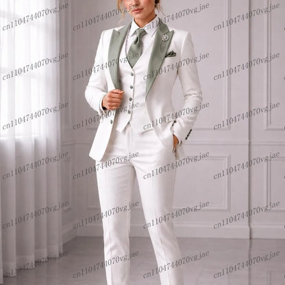 Mint Green Collar White Formal Business Women Suit Wedding Party Prom Ladies Mother Girl Tuxedos 3 Piece Set Blazer Vest Pants