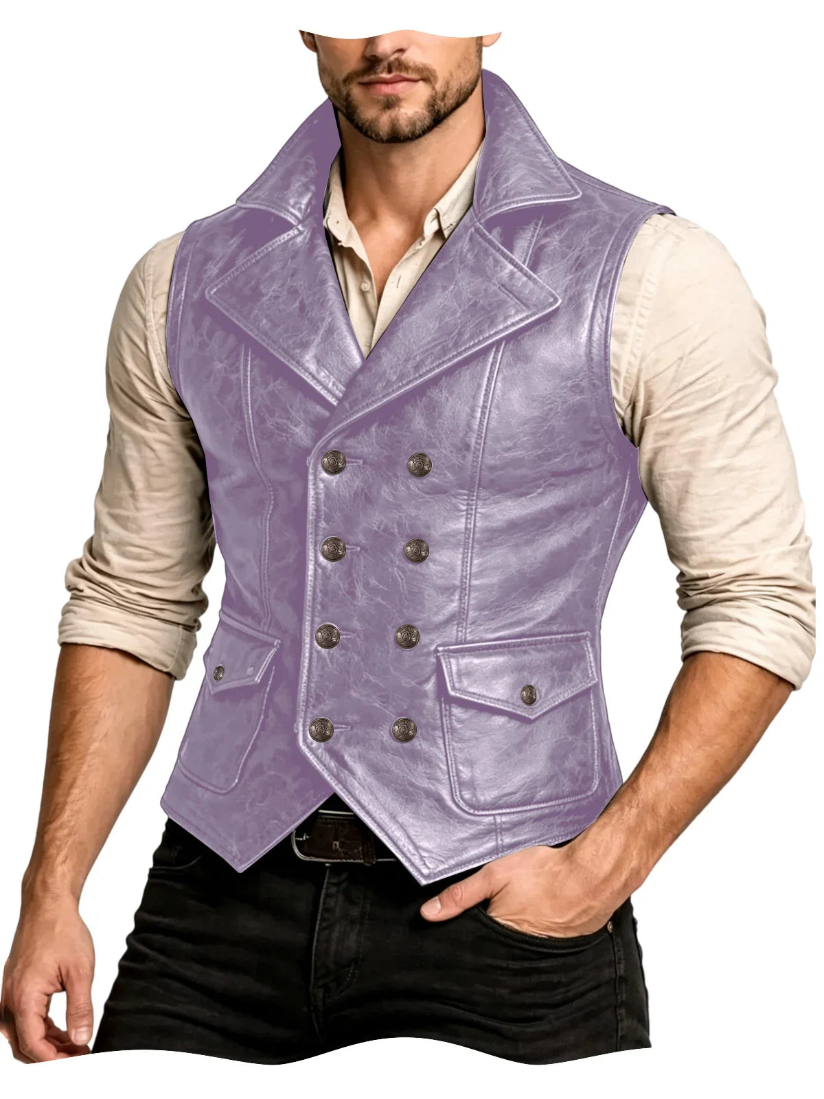 Men's Faux Leather Waistcoat Vintage Double Breasted Slim Fit Vest for Casual & Streetwear