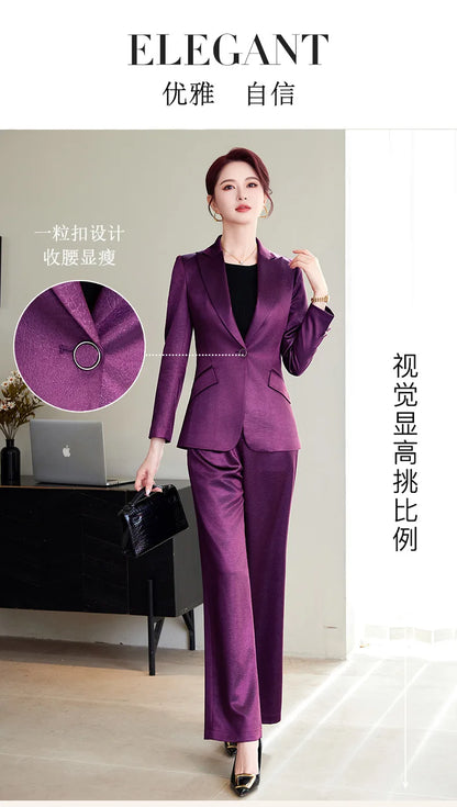 High Quality Women Purplish Red Pant Suit Female Solid Single Button Blazer and Trouser 2 Piece Set For Office Ladies Work Wear