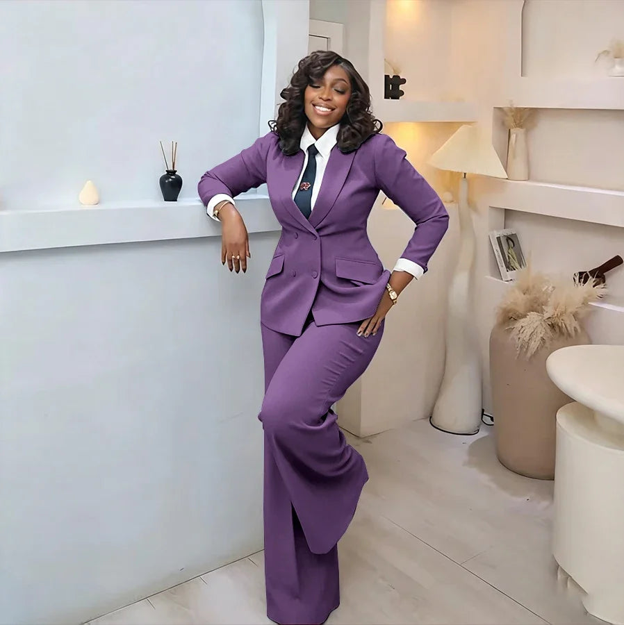 Classic Professional Burgundy Double Breasted Women's Suit Office Formal 2 Piece Jacket Pants Set Casual Daily Streetwear