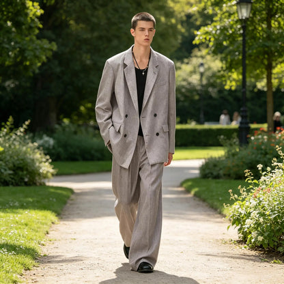 Men's Linen Double Breasted Suit – Slim Fit 2-Piece Blazer & Straight Leg Pants for Summer Weddings & Business