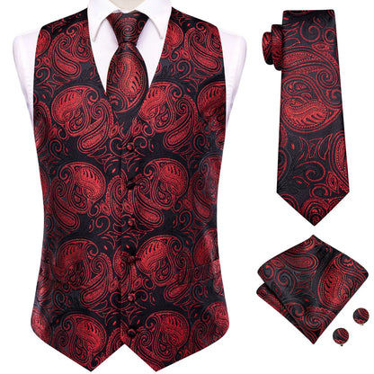 Men's Vest Tie Hanky Cufflinks Set – Wine Black Paisley Jacquard for Weddings & Formal Events