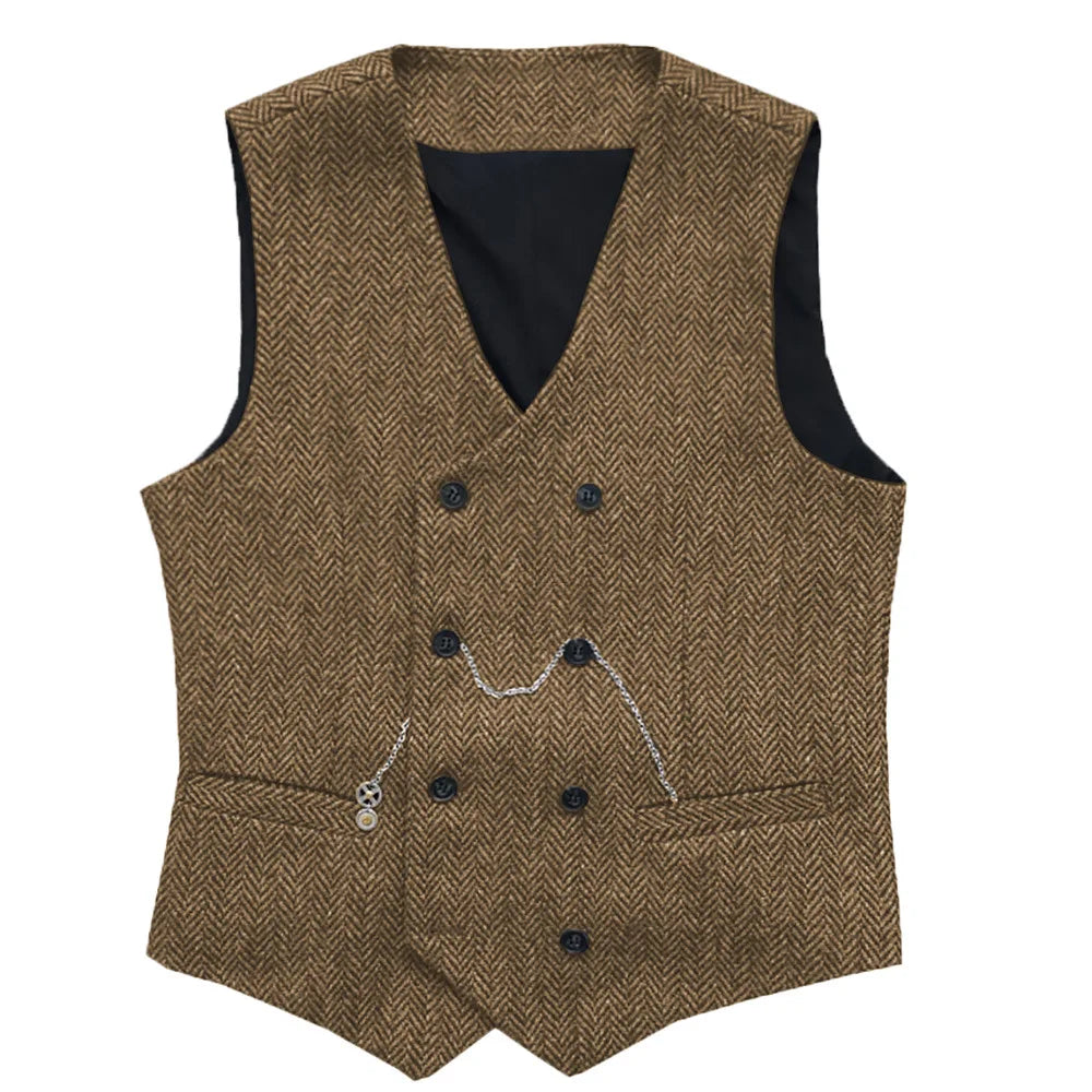 Men's Herringbone Suit Vest Double Breasted Waistcoat for Weddings and Business