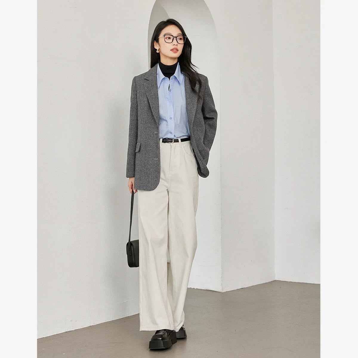Dark Gray Wool Blend Blazer 2026 Autumn Winter New Fashion Office Lady Elegant Coat Casual Loose-fit Female Jackets M9353