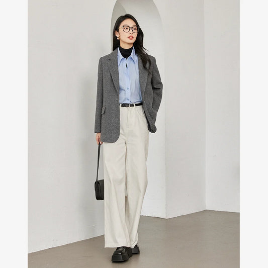 Dark Gray Wool Blend Blazer 2026 Autumn Winter New Fashion Office Lady Elegant Coat Casual Loose-fit Female Jackets M9353