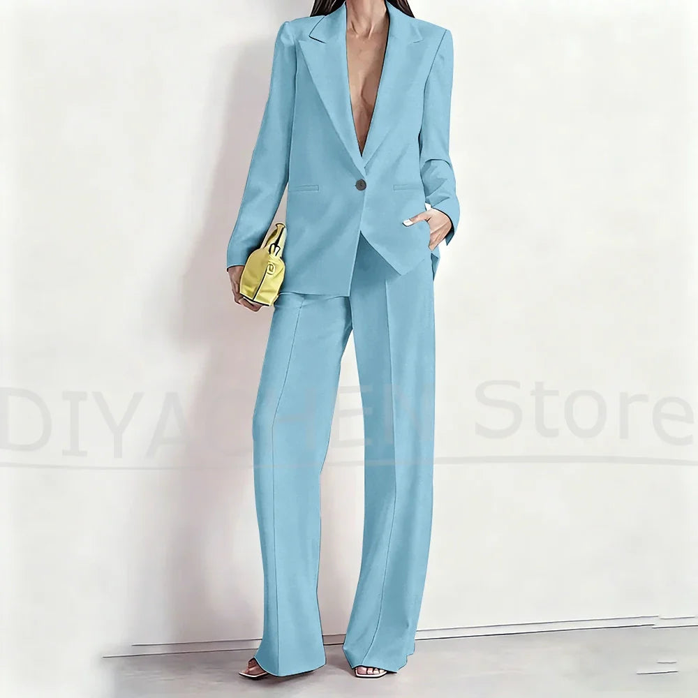 Women's Suit Set Peak Lapel One Button Blazer and Wide-Leg Pants Fashion Formal Casual Party Office Stylish Pants Sets Two Piece
