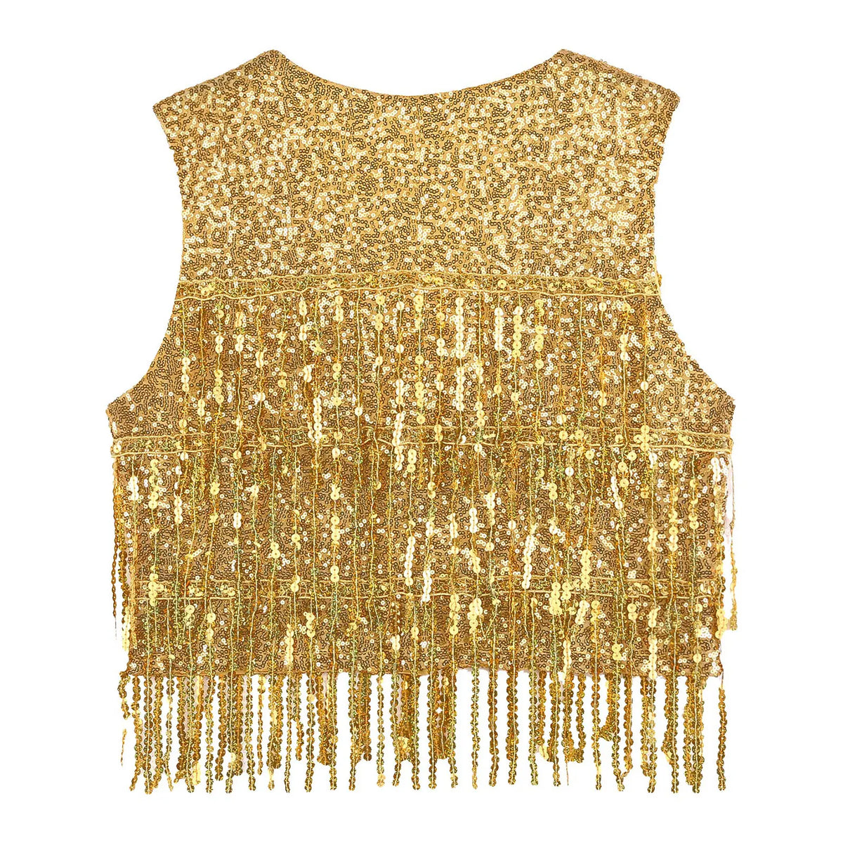 Women's Tassel Sleeveless Waistcoat Shiny Sequins Vest Glitter Fashion Open Front Vests Disco Jazz Dance Music Festival Clubwear