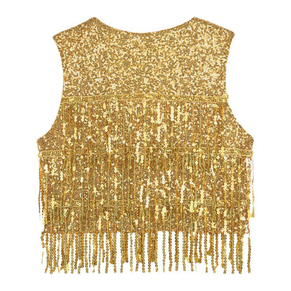 Women's Tassel Sleeveless Waistcoat Shiny Sequins Vest Glitter Fashion Open Front Vests Disco Jazz Dance Music Festival Clubwear