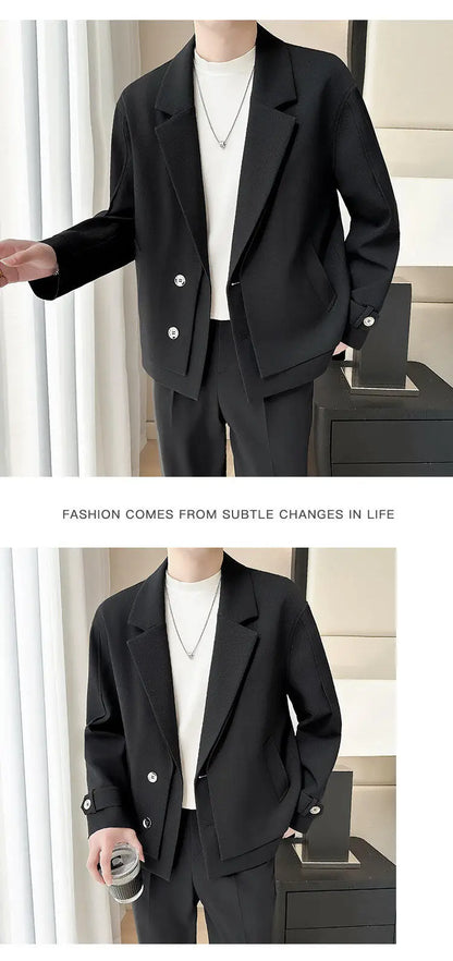 2025 Spring New Fake Two Piece Suit Collar Jacket Men Korean Trend Casual Business Blazers Loose Street Wear Social Jacket