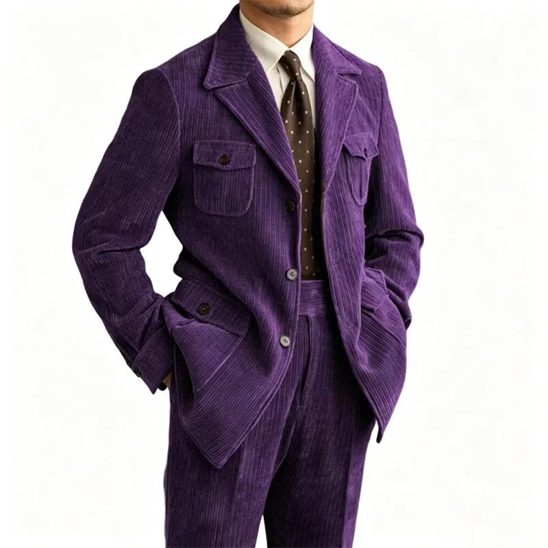 Men's Retro Corduroy 2 Pieces Suit Multi Flap Pockets Safari Blazer Matching Trousers For Formal Daily Party Wedding Business