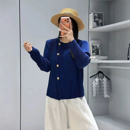 Style Pleated Blazer  in Spring and Autumn Irregular Design Large Lapel Cardigan Temperament Versatile Pleated Top