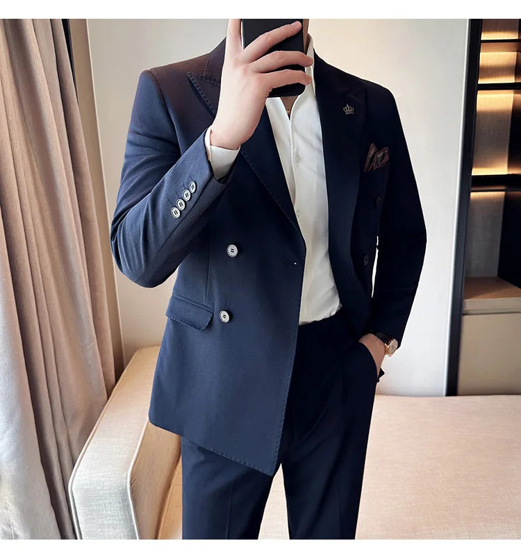 (Blazer + Trousers) Fashion Double Breasted Design Slim Men's Suit Italian Style Luxury Wedding Social Party Tuxedo 2 Piece Set