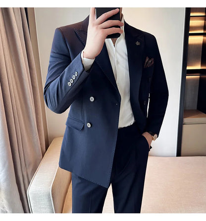 (Blazer + Trousers) Fashion Double Breasted Design Slim Men's Suit Italian Style Luxury Wedding Social Party Tuxedo 2 Piece Set