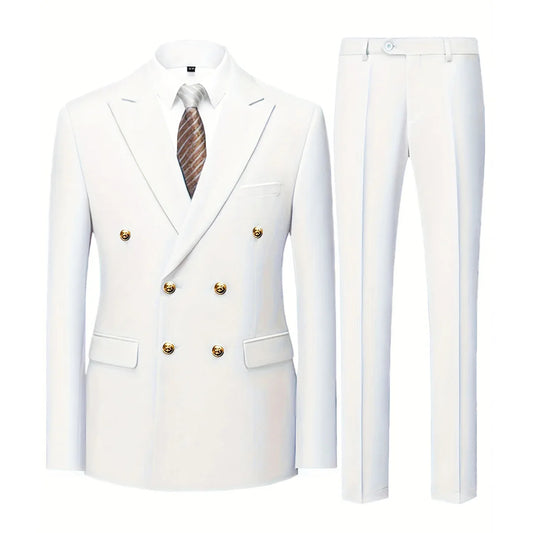 Men Suit 2 Pieces White Double Gold Button With Lapel For Wedding Groom Banquet Party Business Work Daily Jacket With Pants