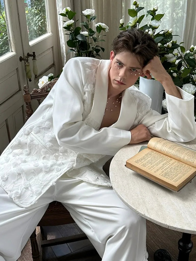Mens Spliced Flowers Suit Jacket Wide Leg Pants Two Piece Set Loose Fit Spring Summer Designer Elegant Fashion Banquet Suits Set