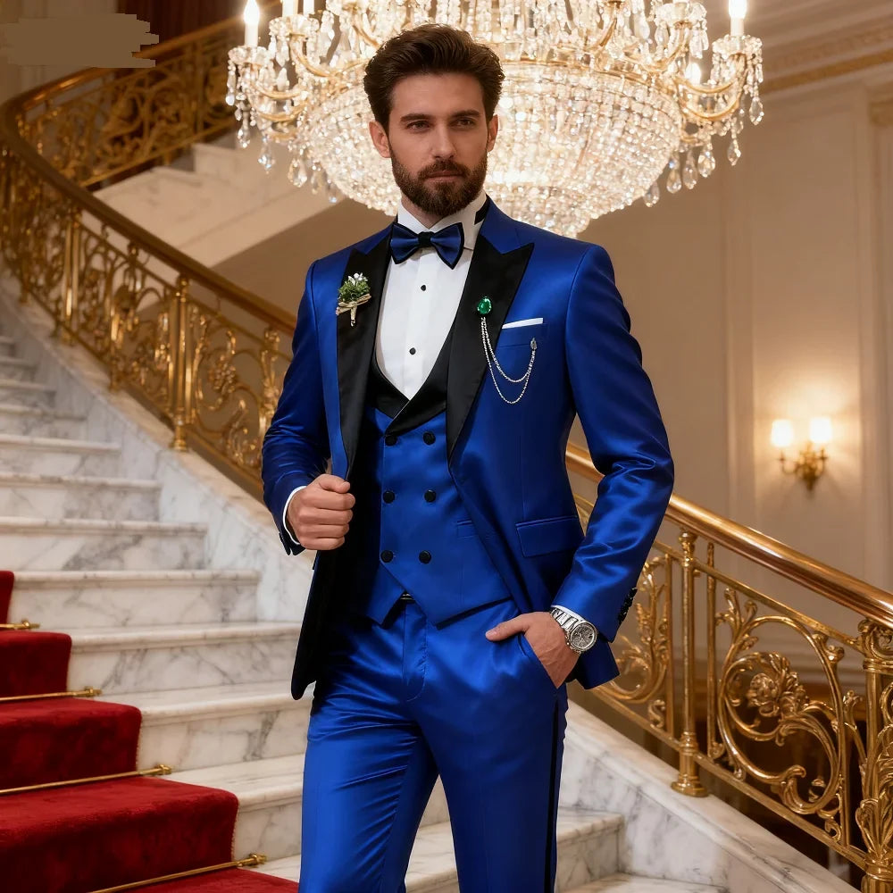 3 Pieces Men's Wedding Suits Formal Groom Tuxedo Slim Fit Business Casual Double Breasted Blazer Vest Pants Set for Party