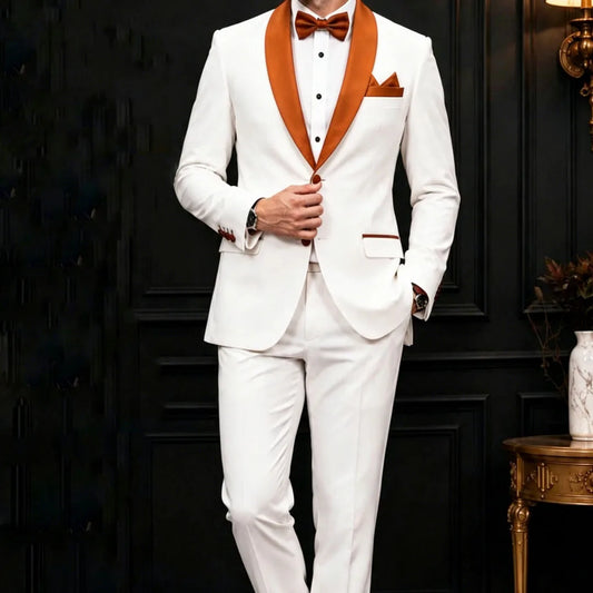 Men Suit White Orange 2 Pieces Single Button With Lapel For Wedding Birthday Banquet Party Business Work Office Jacket Pants
