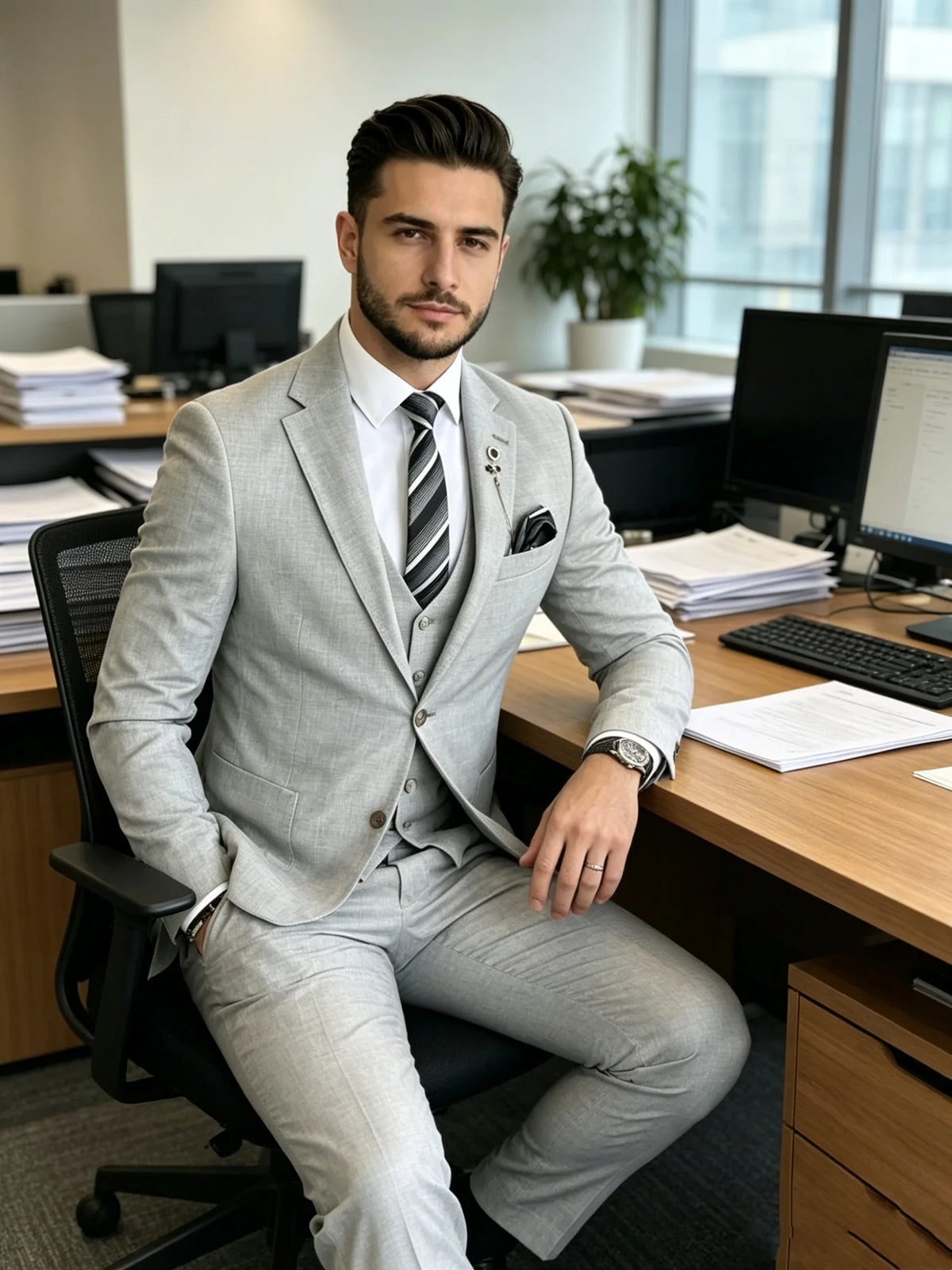 Light Gray 3-Piece Slim Fit Men's Wedding Suits Groom Tuxedo Formal Dress Suit with Blazer Pants Vest for Prom And Other Events