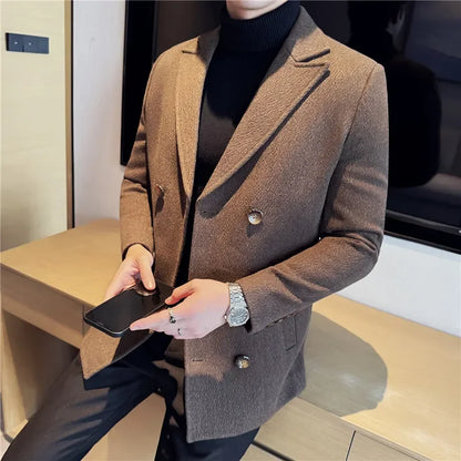 British Style Autumn Winter Thick Double Breasted Woolen Coats High Quality Men Business Casual Warm Suit Jackets Men Clothing