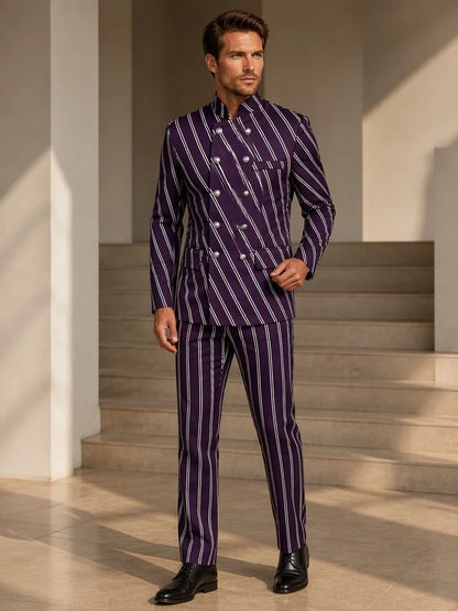 Men's Casual Business Striped 2 Piece Suit Stand Collar Double Breasted Slim Fit Wedding Groom Blazer Pants Set Formal Party Men