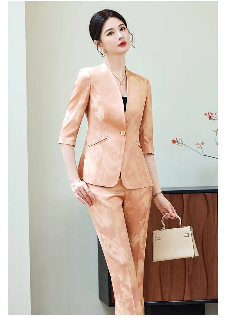 Fashion Office Ladies Blazer and Pants Suit Formal V Neck Half Sleeve Women Jacket Trouser Women Business Work Wear 2 Piece Set