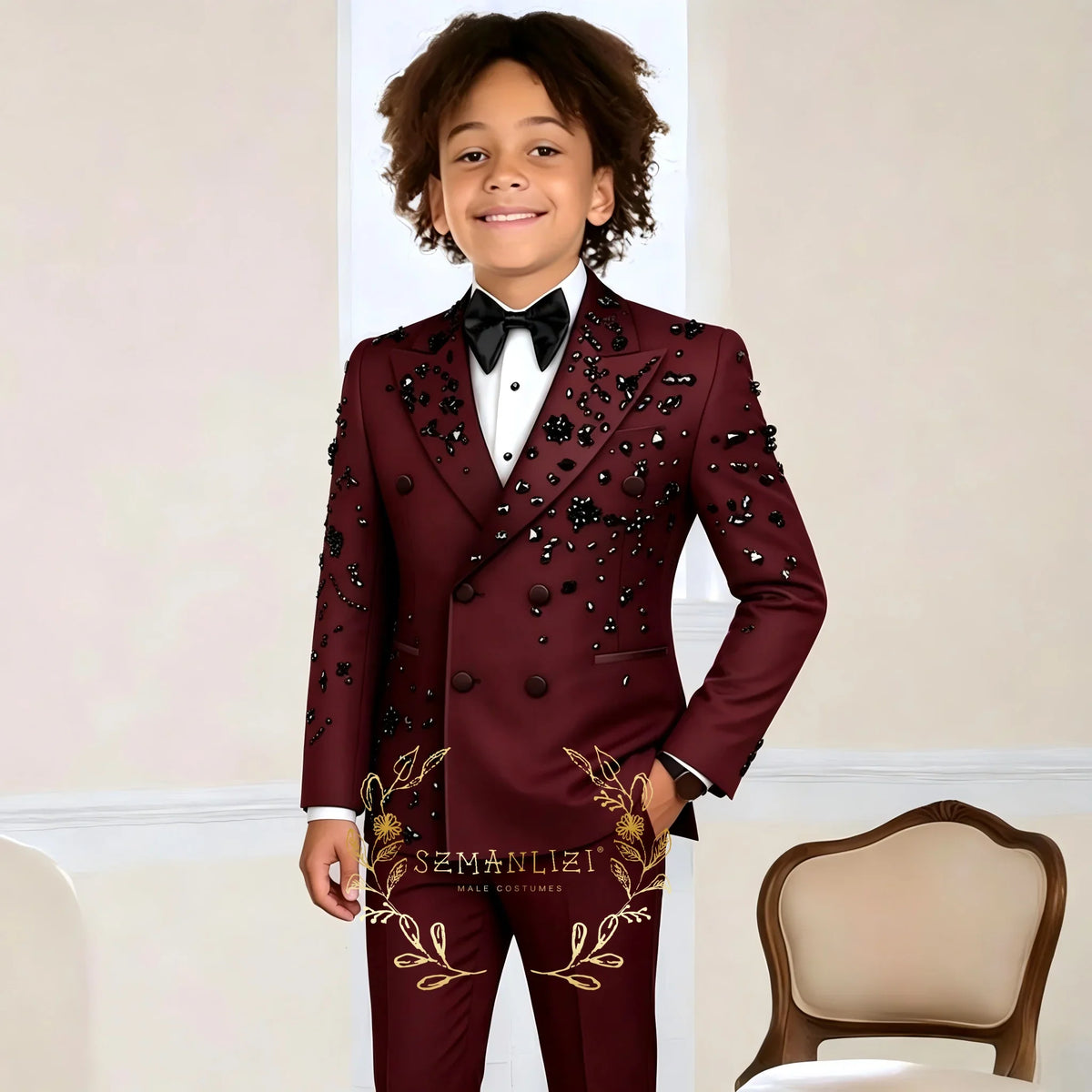 Wedding Boy Suits Tuxedos High Quality Flower Boy Wear Beadding Crystal Shawl Lapel Formal Kids Suit Blazer Pants