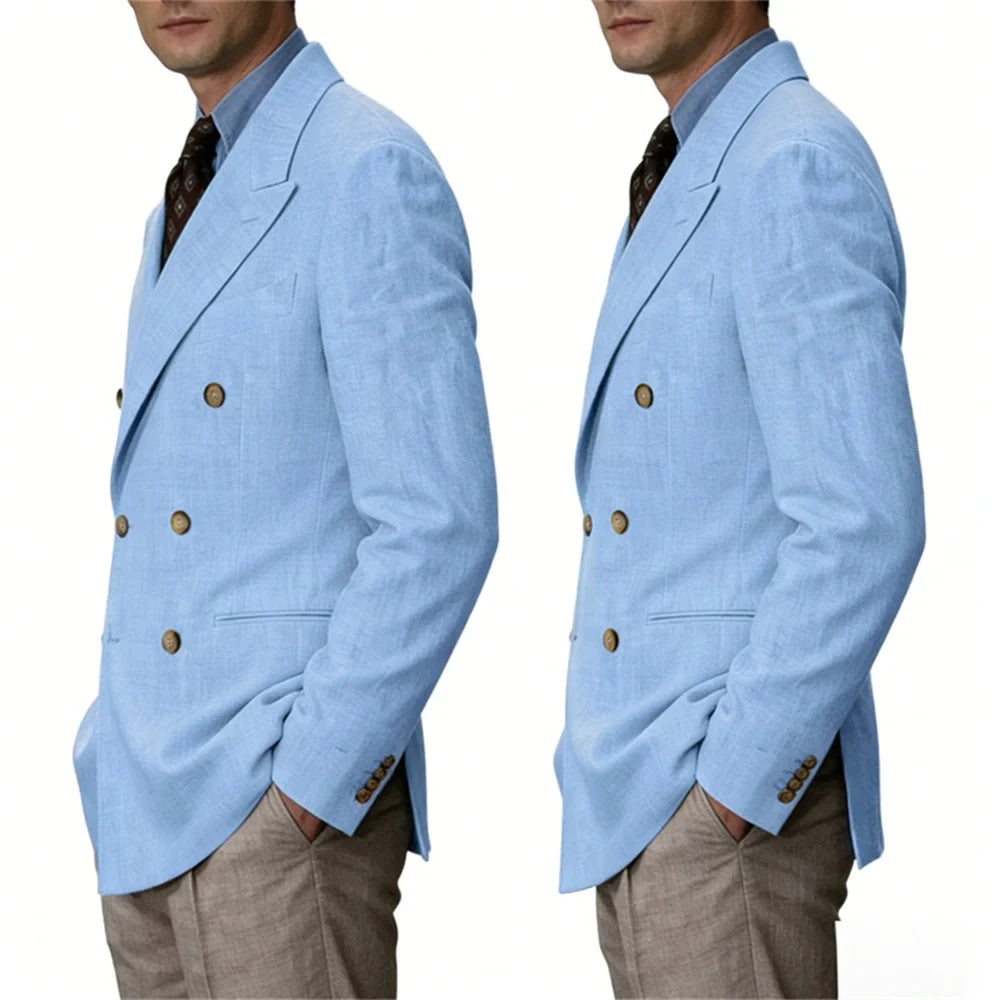Men Linen Blazer Double Breasted Jacket Lightweight Soft Slim Coat For Business Wedding Casual Daily Party Vacation Dating