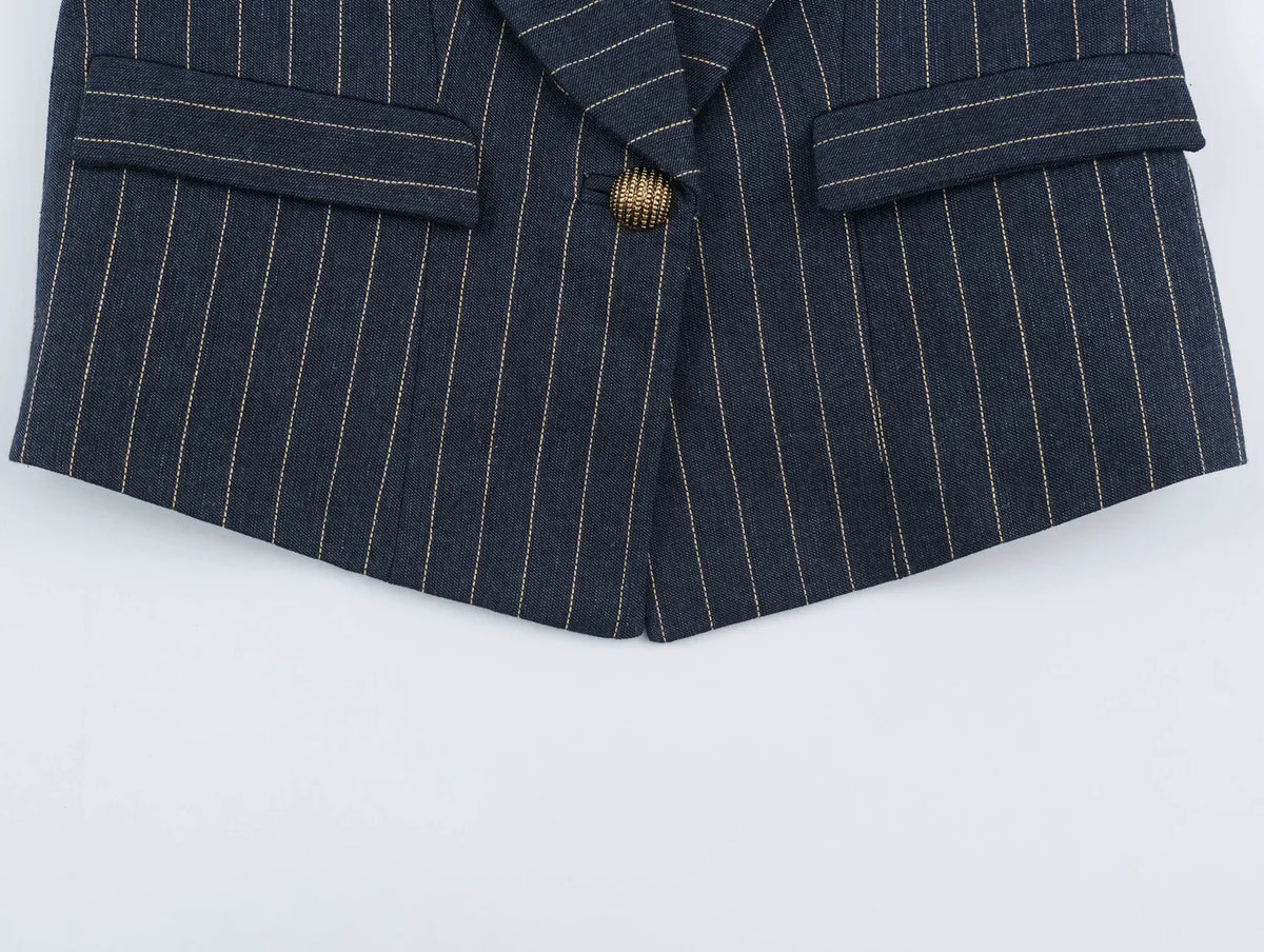 2026 Fashion Women's  Navy Pinstripe Blazer Autumn Elegant Female Long Sleeves Button Military Style Slim Suit Jacket
