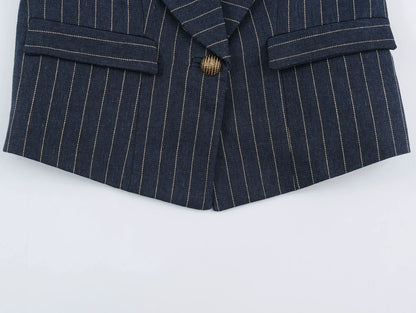 2026 Fashion Women's  Navy Pinstripe Blazer Autumn Elegant Female Long Sleeves Button Military Style Slim Suit Jacket