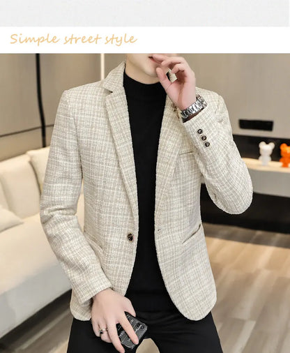 Korean Fashion Woven Suit Jacket for Men Autumn Slim Fit Casual Men Blazers Street Wear Social Business Dress Coats Men Clothing