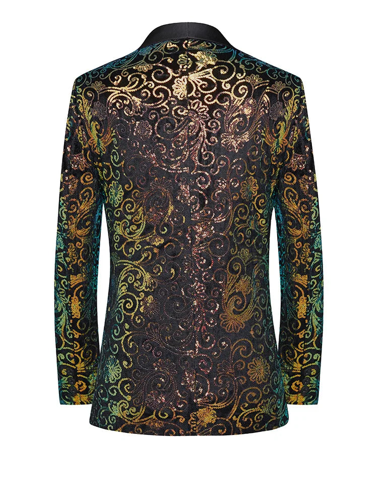 High Quality Men's Velvet Sequins Blazers Shawl Collar Slim Fit Male Singer Host Evening Party Stage Blue Floral Suit Jacket