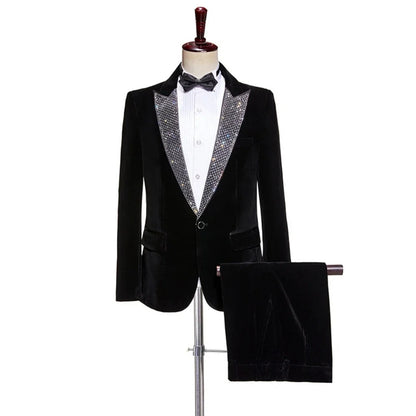 Black Elegant Beaded Men's Velvet Suit Set 2 Pieces Wedding Groom Sets Autumn Peak Lapel Slim Fit Suits Banquet Party Wear